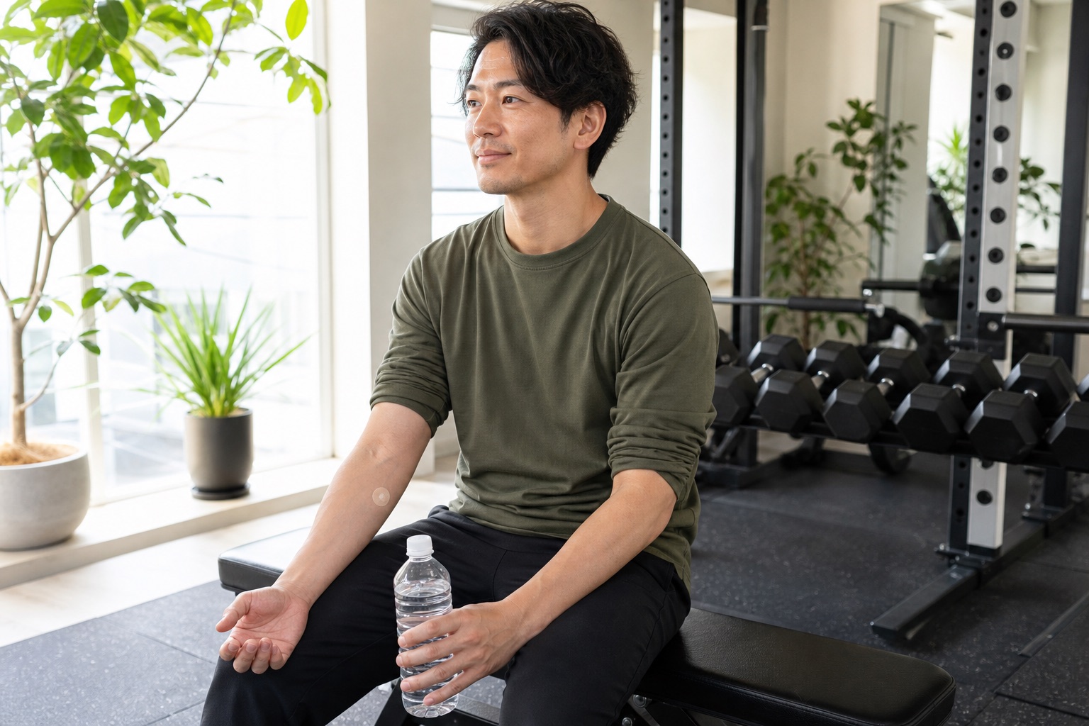 採血後にジムのベンチで水分補給しながら休憩するイメージ