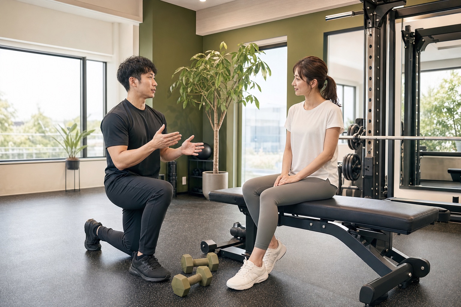 トレーナーが採血後の運動について説明するイメージ