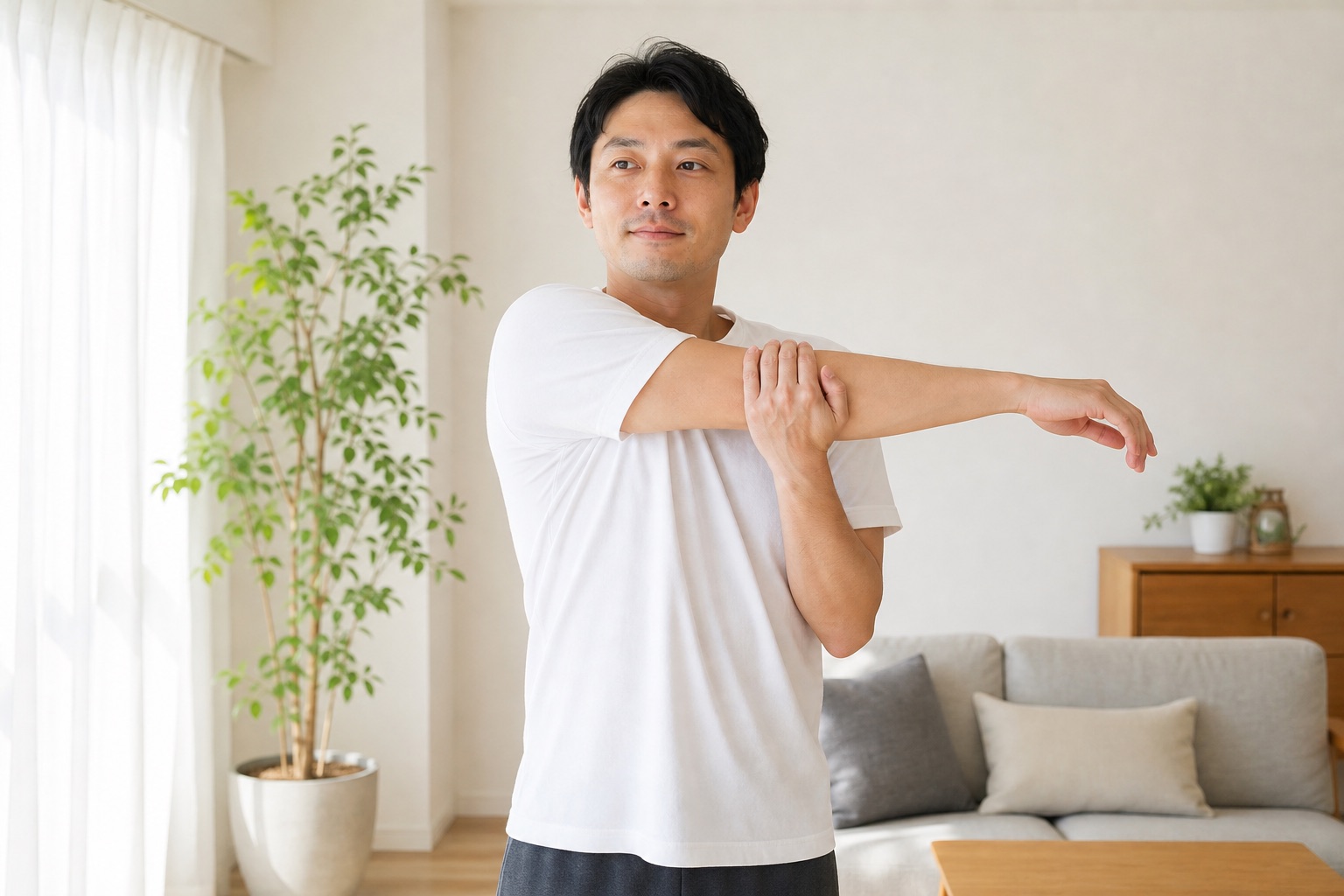 自宅で軽いストレッチから運動を再開するイメージ