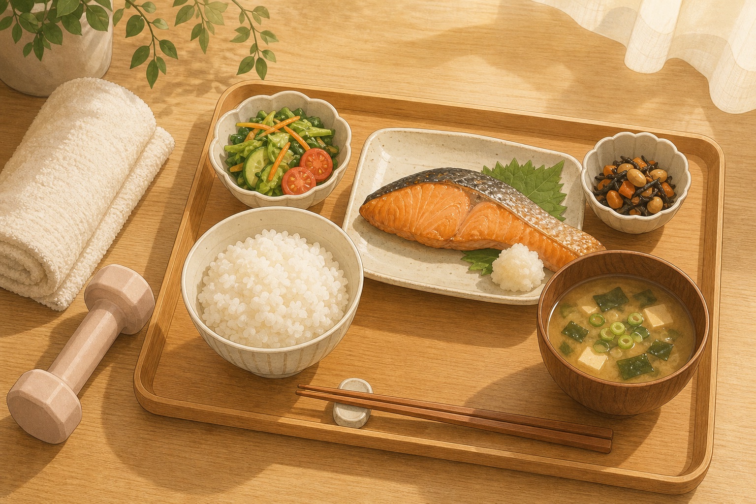 オメガ3を含む食事のイメージイラスト（鮭の定食）