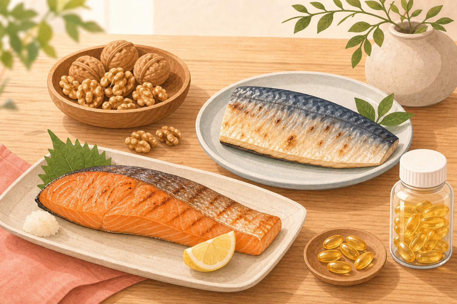 EPA・DHA・αリノレン酸を含む魚とくるみのイラスト