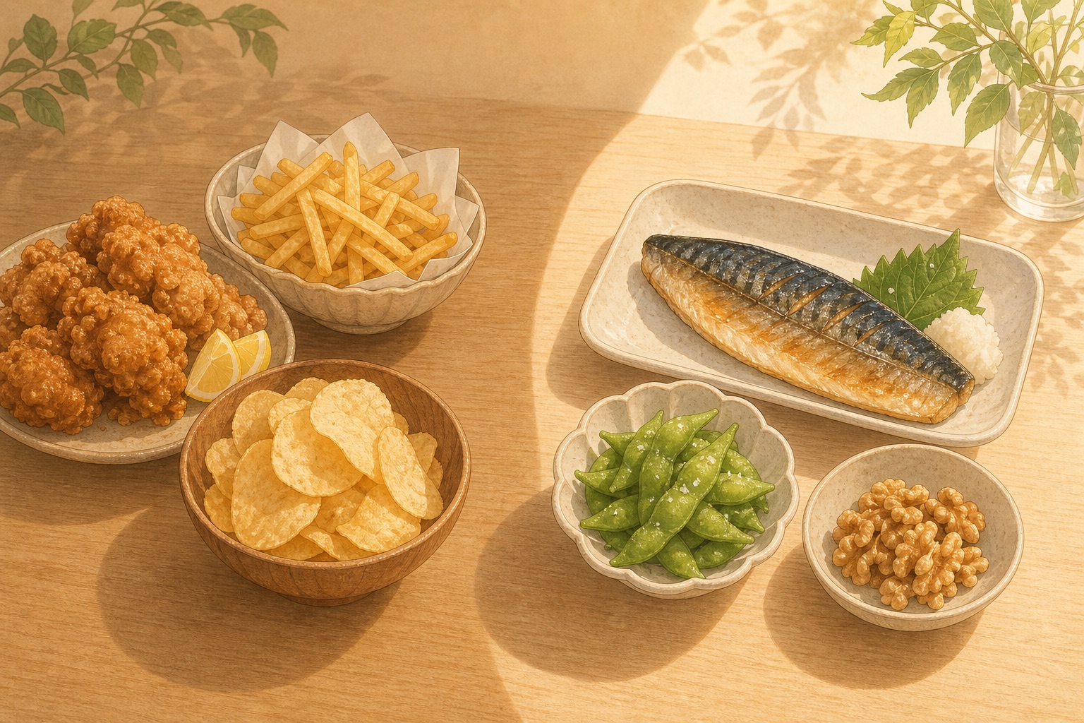 揚げ物中心の食事と魚中心の食事を対比するイラスト