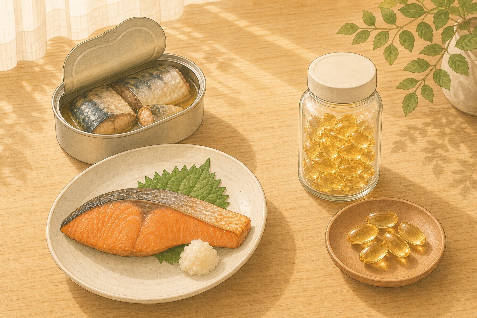 サバ缶・鮭とフィッシュオイルサプリを比較するイラスト