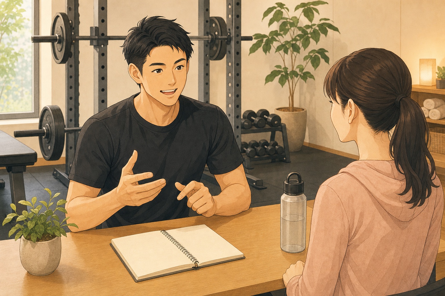 トレーナーが食事のアドバイスをするカウンセリングのイラスト