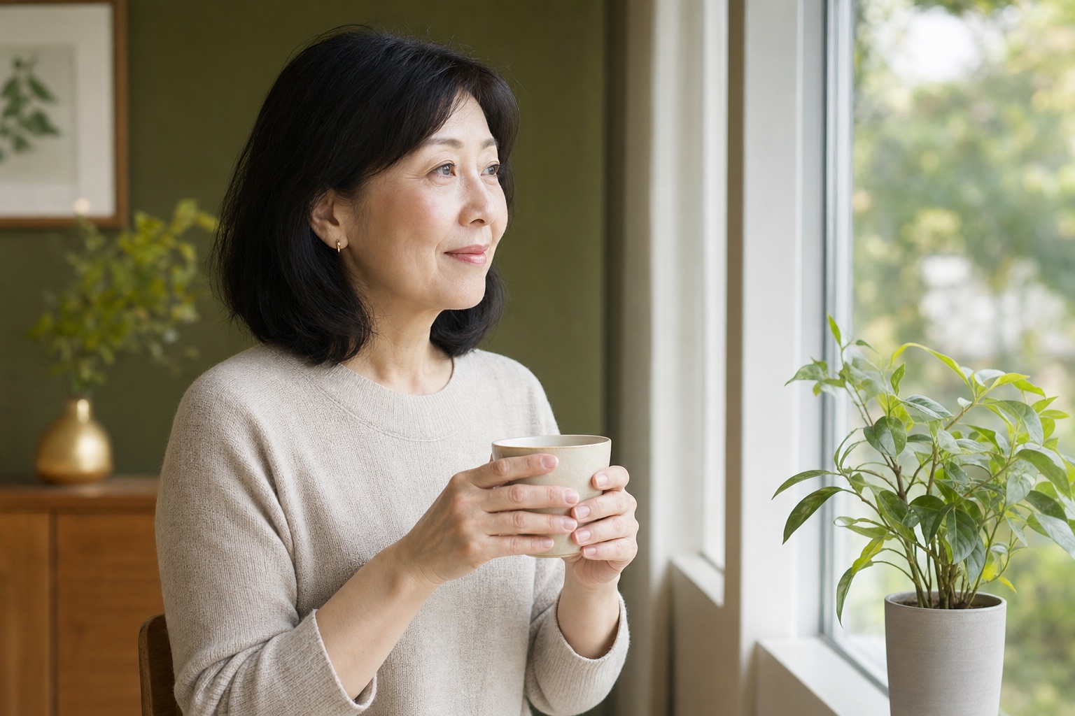 窓辺で一息ついている50代女性のイメージ