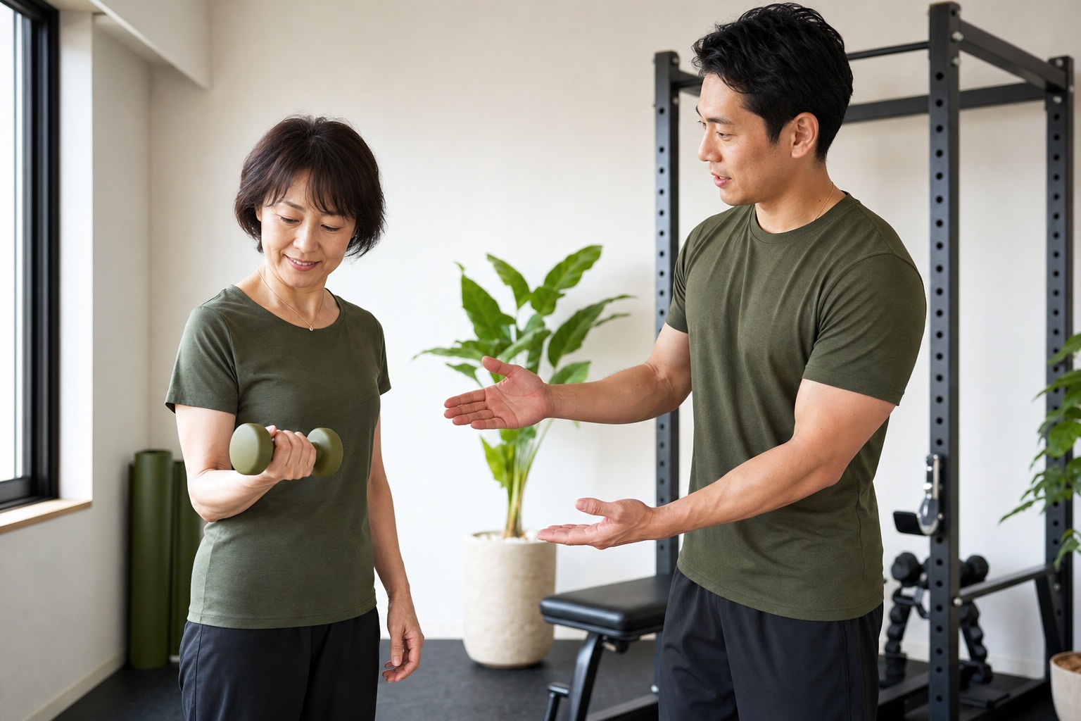 トレーナーの指導を受ける50代女性のイメージ