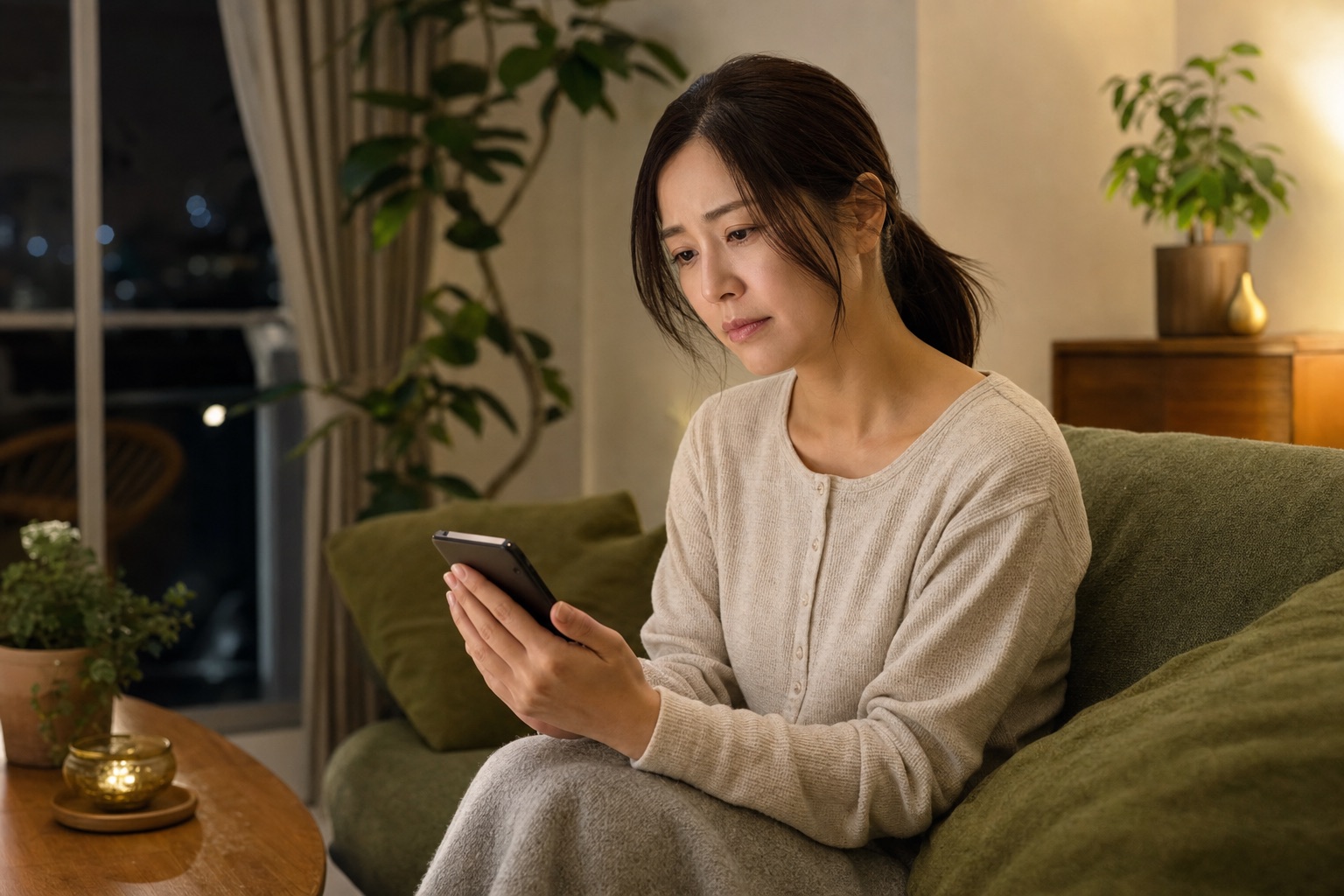 食事管理アプリの記録画面を見て浮かない表情になっているイメージ