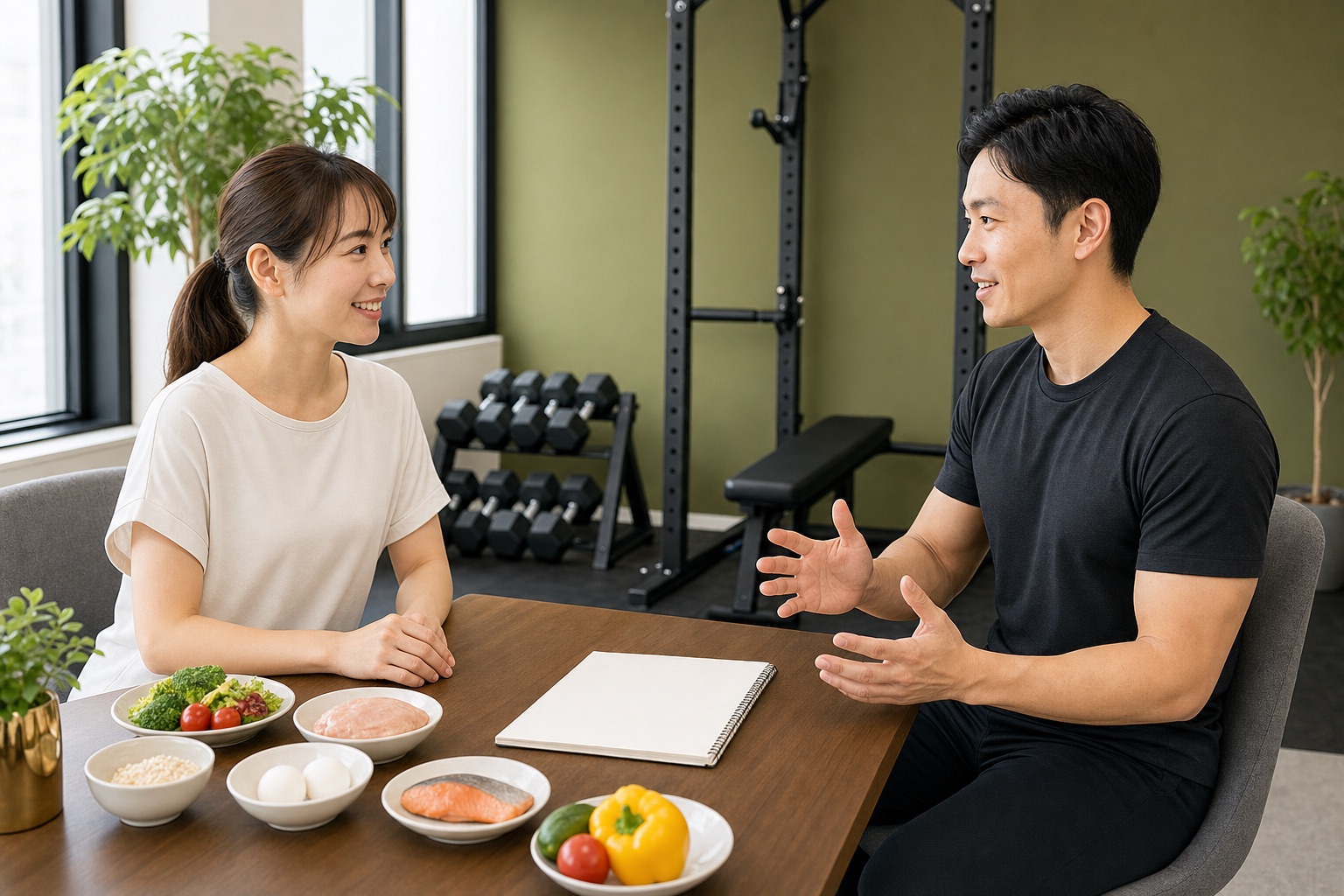 トレーナーと食事について相談しているイメージ