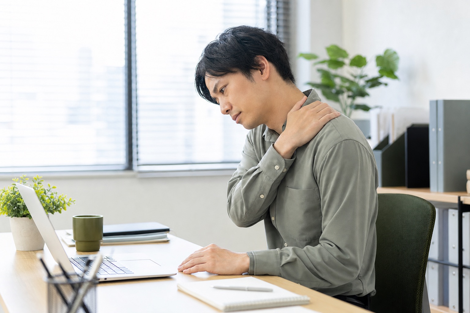 デスクワークで肩の張りを気にする男性のイメージ