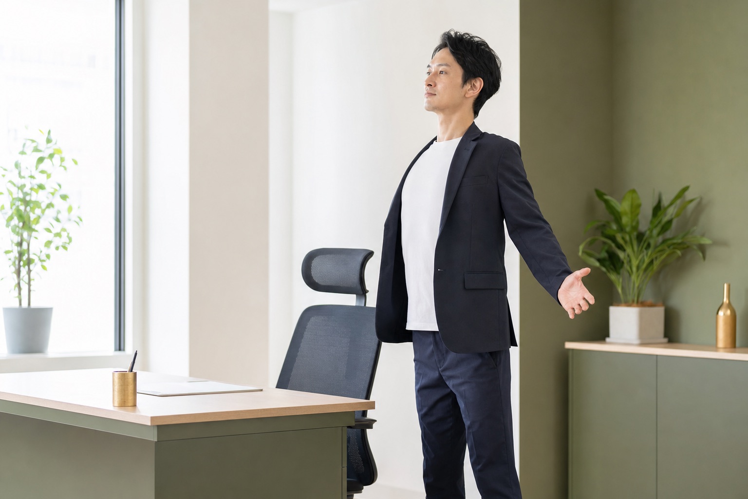 デスクワークの合間に胸を開くストレッチを行う男性