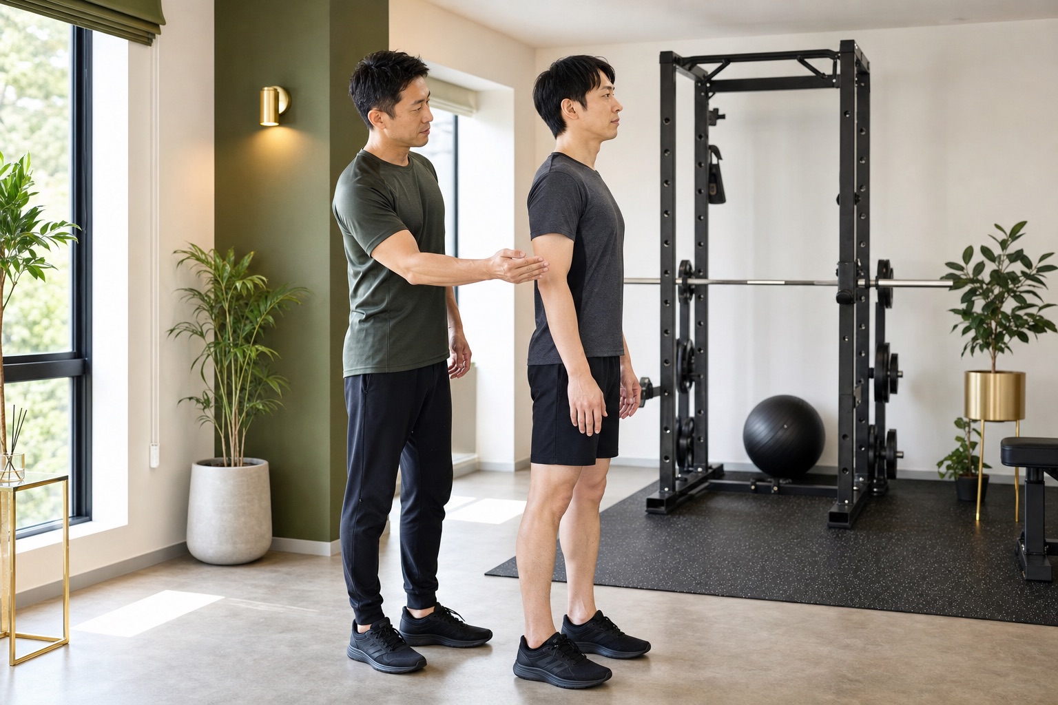 男性トレーナーが男性の姿勢をチェックしている様子