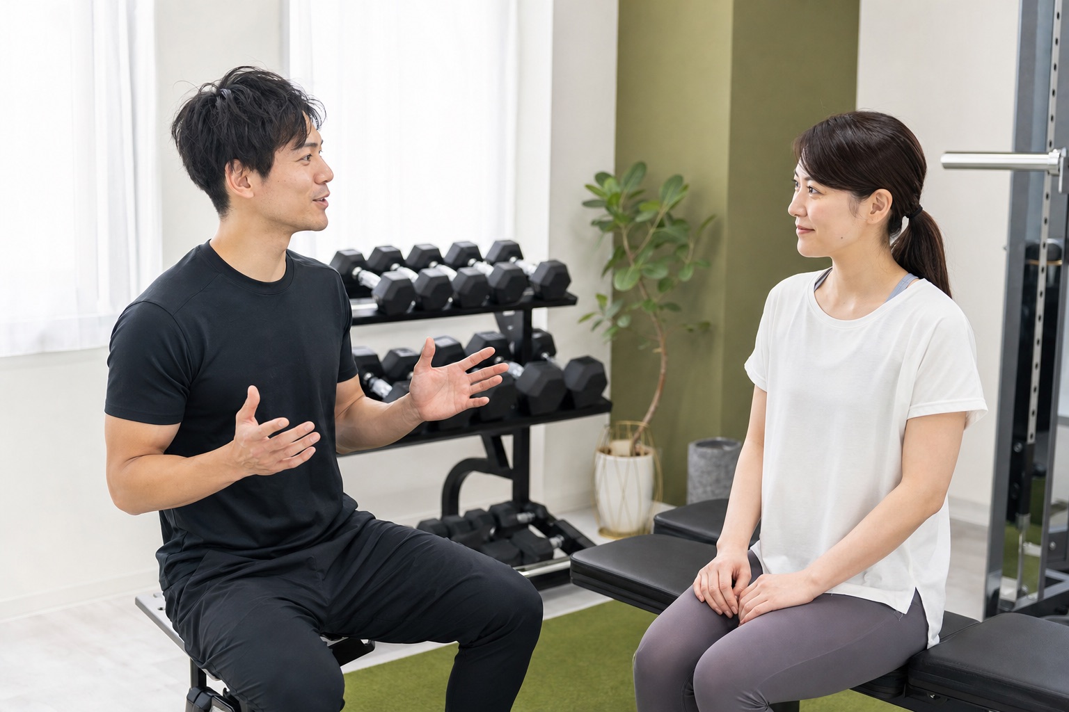 トレーナーと通い方について相談しているイメージ