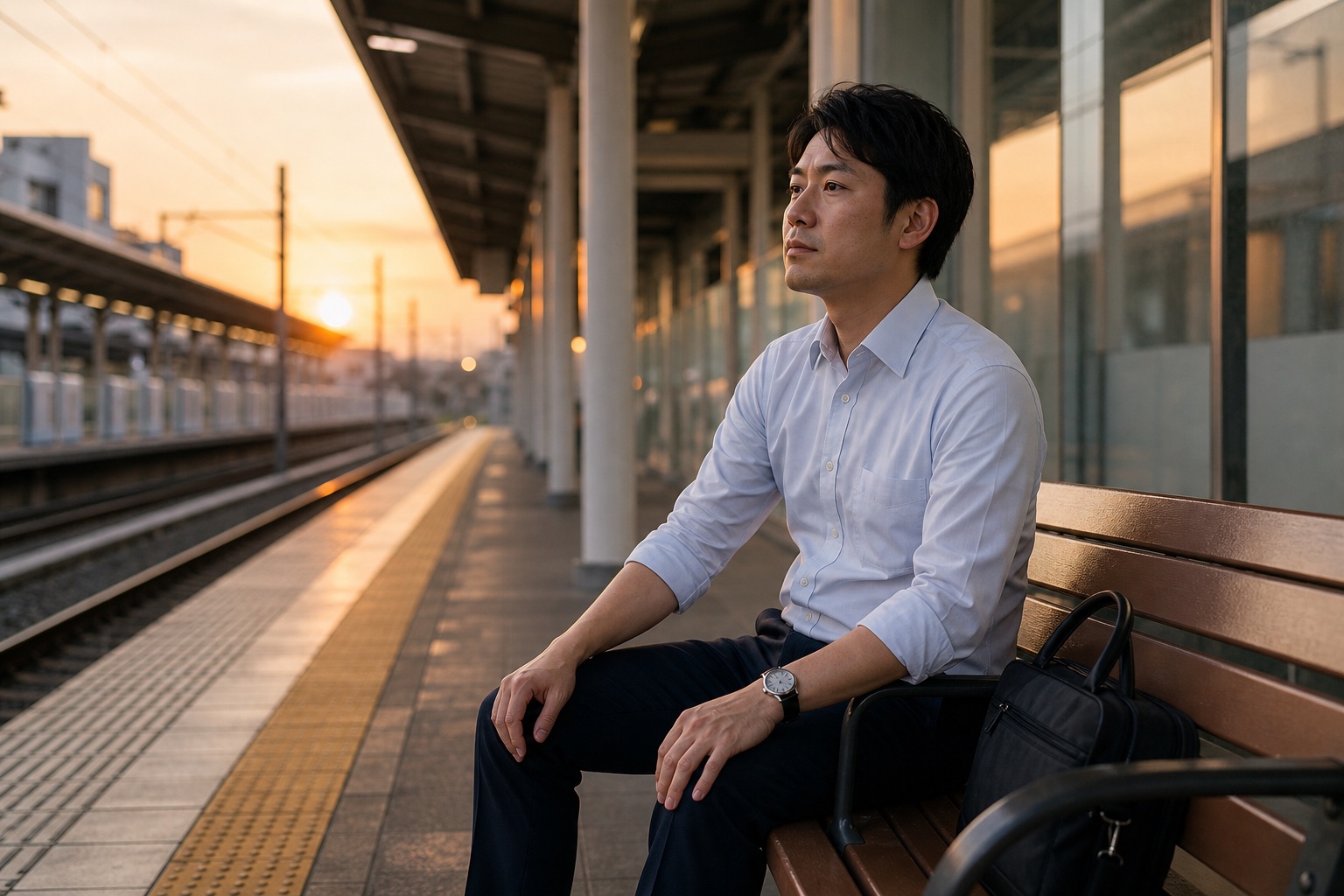 仕事帰りに疲れた表情で帰宅する会社員のイメージ