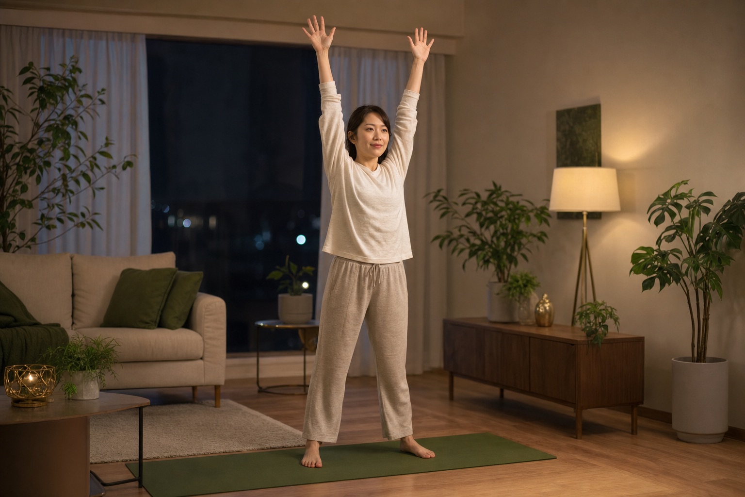 自宅のリビングで軽いストレッチをする人のイメージ