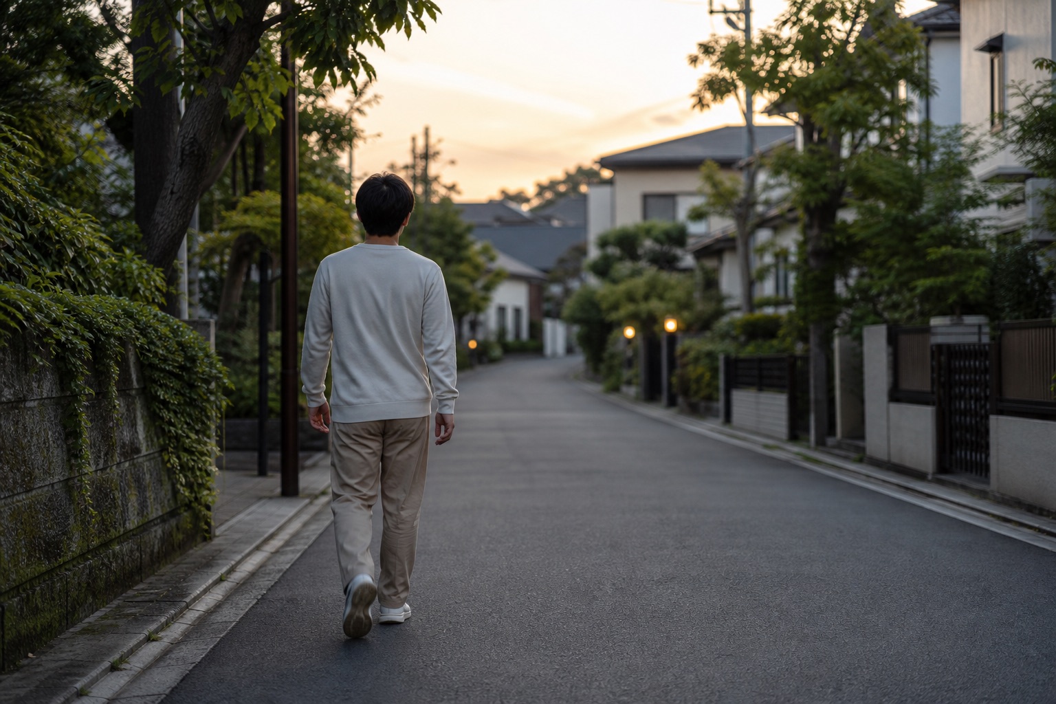 夕暮れの住宅街を歩いて体をほぐす人のイメージ