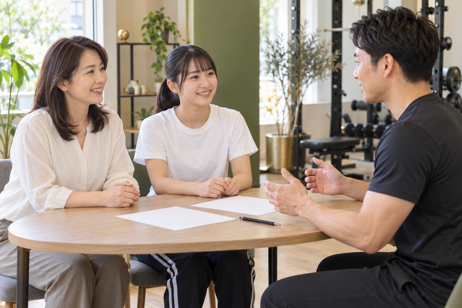 母親と高校生の娘がトレーナーからカウンセリングを受けるイメージ