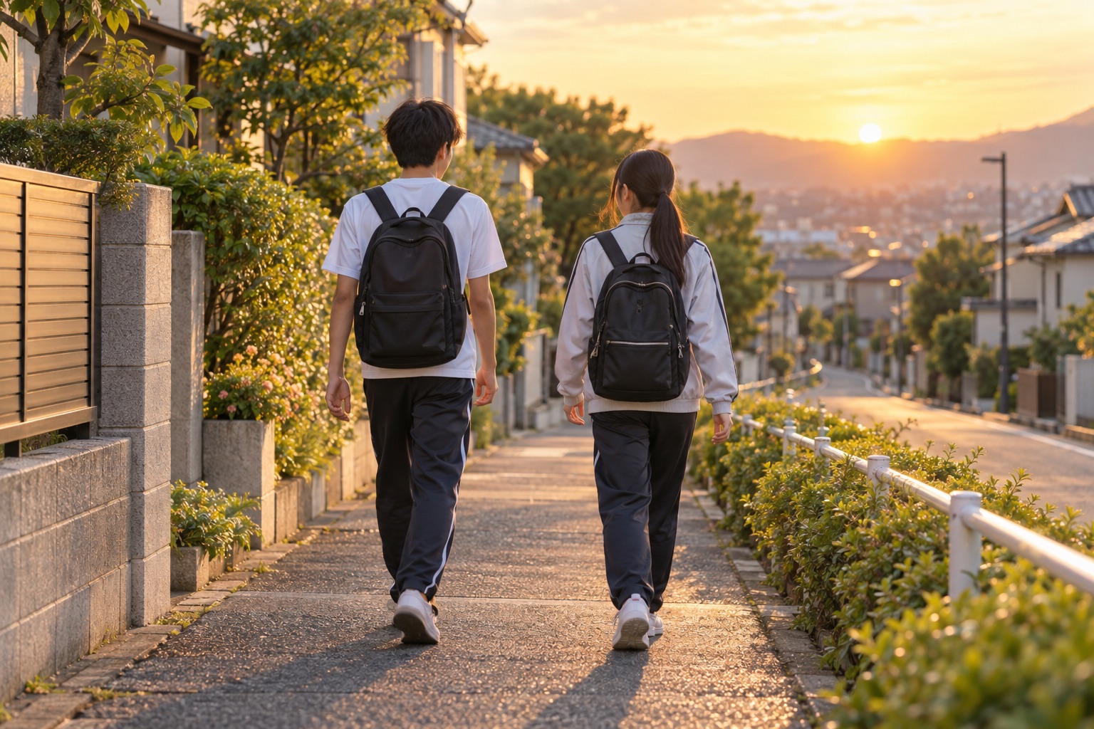 学校帰りの高校生が住宅街を歩く後ろ姿のイメージ