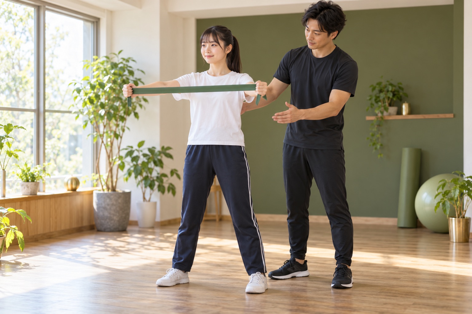 ゴムバンドを使って軽い体幹トレーニングを行うイメージ