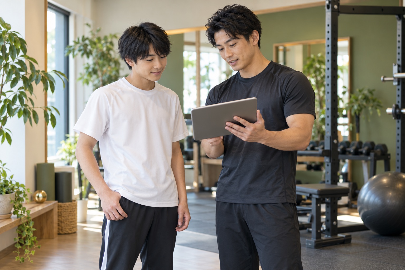 トレーナーと高校生がタブレットでトレーニング内容を振り返るイメージ