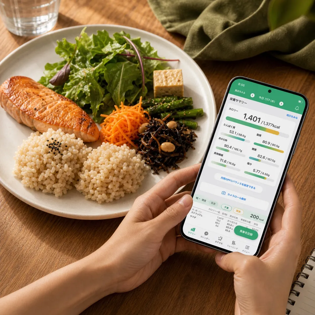 カロミル風アプリで食事を記録するイメージ